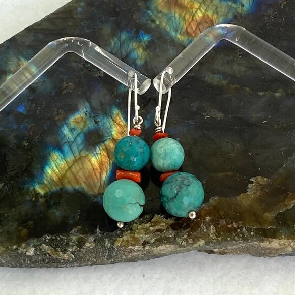 Sterling Silver 925 1.7" Faceted Turquoise Red Coral Beaded Dangle Drop Earrings - Picture 4 of 16